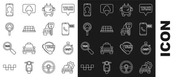 Set line Auto service, Stopwatch 24 uur, Taxi bellen telefoon, Trolleybus, dak van de auto, vergrootglas en taxi, en verhuur pictogram. Vector — Stockvector