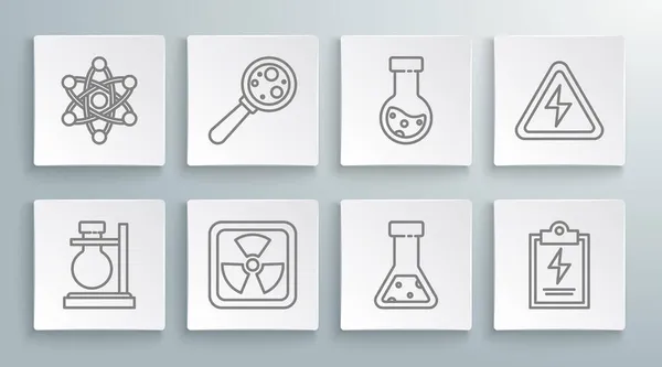 Réglez la fiole de tube à essai de ligne sur le stand, micro-organismes sous loupe, radioactif, chimique, presse-papiers de laboratoire avec liste de contrôle, signe de haute tension et icône atome. Vecteur — Image vectorielle
