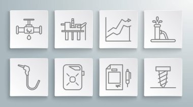 Hat benzin pompası enjektörü, petrol platformu deniz, teneke motor yağı, kontrat parası ve kalem, dönen sondaj deliği, fiyat artışı, sızıntı yapan su ikonlu kriko ve kırık boru. Vektör