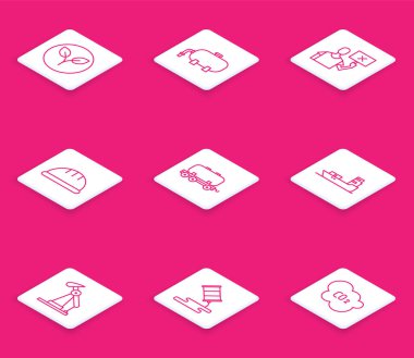 Biyolojik yakıt, petrol sanayi fabrikası, doğa koruma protestosu, işçi kaskı, demiryolu deposu, tanker gemisi, pompa pompası ve fıçı yağı sızıntısı ikonu. Vektör