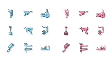 Demir testeresi, klemp aleti, tahta uçak, elektrikli matkap ve vida, kar küreği ve el arabası simgesi. Vektör