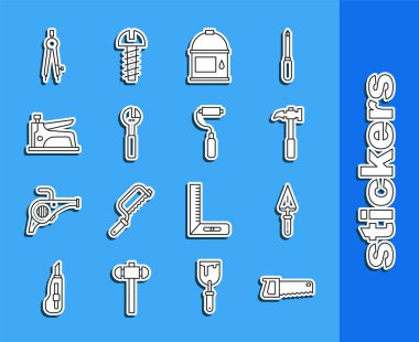 El testeresi, çekiç, boya kovası, ayarlanabilir anahtar, inşaat zımbası, pusula çizimi ve paten fırçası ikonu. Vektör