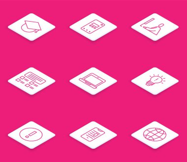 Dünya, cep telefonu, öğrenci bilgisayarı, çevrimiçi sınav, test, araştırma, dizüstü bilgisayar, fikir, bilgi ve kitap mobil ikonu konseptine sahip ampul. Vektör