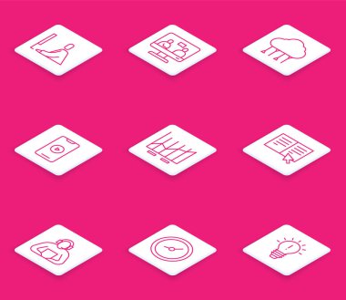 Dizüstü bilgisayar, Online eğitim, Network bulut bağlantısı, oyun videosu, turta grafiği bilgisi, kitap ve saat simgesinde çalışan satırı ayarla. Vektör