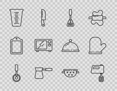 Pizza bıçağı, elektrikli mikser, Spatula, Türk kahvesi, ölçü kabı, mikrodalga fırın, süzgeç ve fırın eldiveni. Vektör