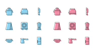 Sabit hat mutfak süzgeci, kahve hindisi, yemek tenceresi, buzdolabı, elektrikli soba, karıştırıcı, kahve çekirdeği ve tost makinesi ikonu. Vektör