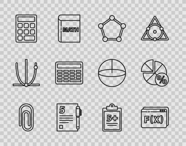 Set line Book with word mathematics, Geometric figure Pentagonal prism, Sphere, Open book, Triangle, Chalkboard, Mathematics function sine and Equation solution icon. Vecteur — Image vectorielle