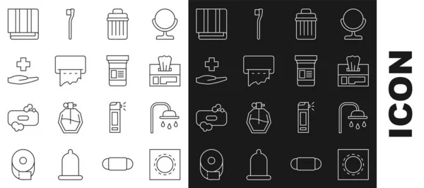 Set line Condoom in pakket veilige seks, douchekop, natte doekjes, prullenbak, papieren handdoek dispenser muur, Kruis ziekenhuis medische, Handdoek stapel en Medicijn fles pictogram. Vector — Stockvector