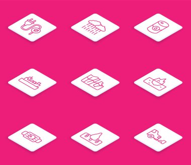 Elektrik prizini yaprağa tak yağmur, varil yağı, petrol tankeri gemisi, buzulların erimesi, buzdağının erimesi, tıbbi koruyucu maske ve orman yok etme ikonu. Vektör