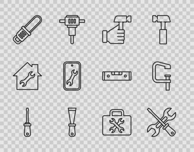 Çizgi tornavida ve anahtar, Hammer, macun bıçağı, testere, mobil servis, araç kutusu ve klemp tornavida aracı simgesi ayarla. Vektör
