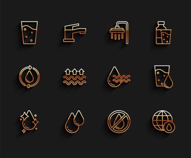 Su damlası, su bardağı, yasak, Dünya gezegeni, buharlaşma dalgaları ve temiz su ikonunu geri dönüştür. Vektör