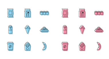 Sıralı kahve fincanı paket, patates kızartması, patates cipsi, Hotdog, dondurma külahı, Asya erişte kasesi, Doner kebap ve çevrimiçi sipariş ikonu. Vektör