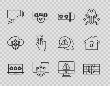 Dizüstü bilgisayarı şifreli olarak ayarla, Kalkan tuğlası duvarı, Parola koruması, Belge klasörü, Güvenlik kamerası, Parmak izi, Monitör ünlem işareti ve House 'u simge altında ayarla. Vektör