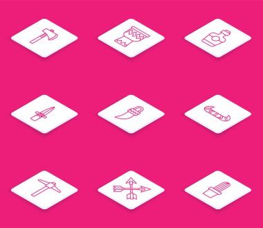 Çizgi Tomahawk baltası, Drum, tekila şişesi, hançer, diş, kano ve kürek, kazma ve çapraz ok ikonu. Vektör