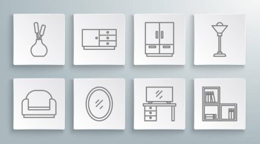 Koltuk, çekmece sandığı, ayna, televizyon masası rafı, kitaplar, gardırop, lamba ve vazo simgesi. Vektör