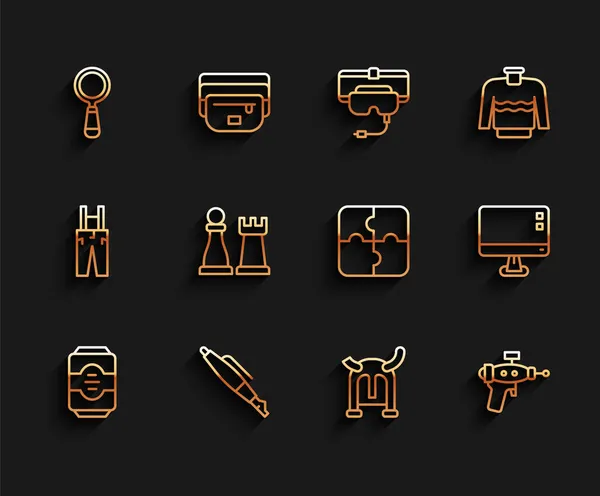 라인 에너지 음료 , Fountain pen nib, Magnifying glass, Viking horned helmet, Ray gun, Chess, Computer monitor screen, Piece of puzzle icon. Vector — 스톡 벡터