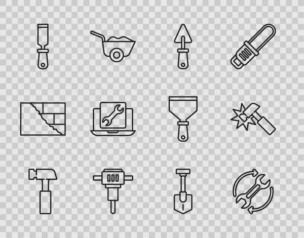 Hammer, Wrench ve okları iş akışı, Trowel, İnşaat matkabı, Rasp metal dosyası, dizüstü bilgisayar servisi, kürek ve simge olarak ayarla. Vektör