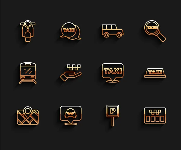 地図、位置情報タクシー、スクーター、駐車場、タキメーター、ハンド、車の屋根とアイコンとラインGpsデバイスを設定します。ベクトル — ストックベクタ