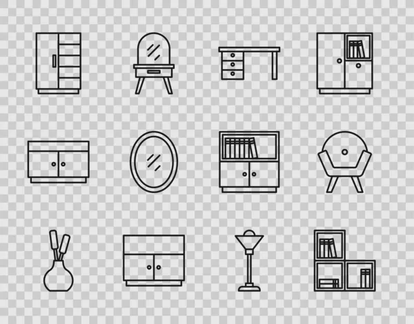 Set line Jarrón, Estante con libros, Escritorio de oficina, Armario, Espejo, Lámpara de pie y Sillón icono. Vector — Archivo Imágenes Vectoriales