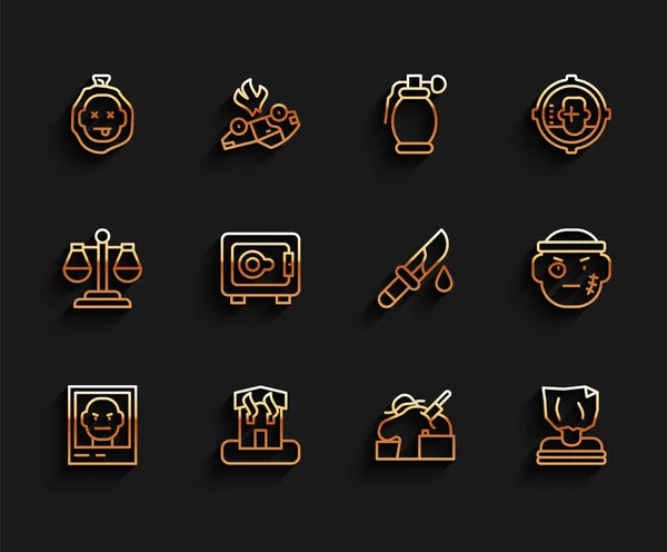 세트 라인 원티드 포스터 , Arson Home, Murder, Kidnaping, Safe, Bandit and Bloody knife icon. Vector — 스톡 벡터