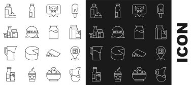 Süt sürahisi ya da sürahi, peynir kefir, inek kafası, harf sütü, ürün, krem şanti şişesi ve ikonlu şişe için kağıt paket. Vektör