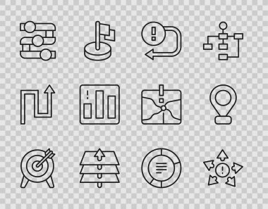 Satır Hedefini Ayarla, Birçok Yönlü Ok, Ok, Katmanlar, Grafik, Çizelge, Diyagram, Turta Bilgileri ve Konum simgesi. Vektör