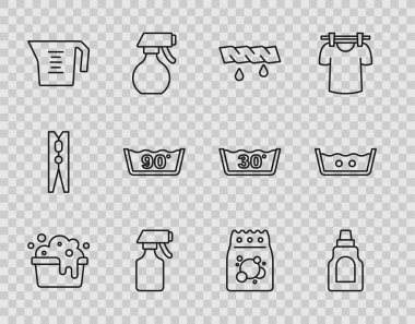 Sabun köpüklü leğen, temizlik malzemesi şişesi sıkma giysileri, su püskürtme şişesi, ölçme kabı, sıcaklık yıkama, çamaşır deterjanı ve ikon. Vektör