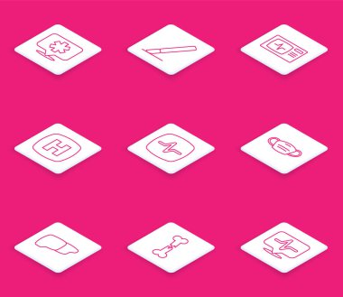 Hat konumu hastanesi, cerrahi neşter, kardiyogramlı monitör, hastane tabelası, kalp atış hızı, tıbbi koruyucu maske, insan organı karaciğeri ve kırık kemik ikonu. Vektör