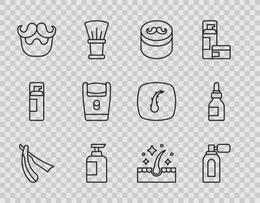 Düz traş makinesi, atomizörlü tıraş losyonu saç şekillendirme için jel cilası şampuan, bıyık ve sakal, elektrikli bıçak, yağ bakımı ve şişe ikonu. Vektör