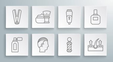 Atom traşı losyonu, tıraş köpüğü, tıraş köpüğü, erkekler için saç stili, klasik berber dükkanı direği, insan saç kökü, elektrikli tıraş bıçağı ve saç şekillendirici. Vektör