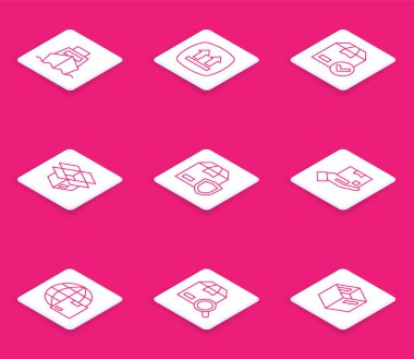 Kargo gemisini kutu teslimatlı olarak ayarlayın, bu taraf yukarı, giriş işareti, boks yapma, teslimat kalkanı, el, dünya çapında sevkiyat ve arama paketi ikonu. Vektör