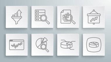 Satır grafiği bilgisini, sunucuyu, arama veri analizini, turtayı, belge ile birlikte, pano ve satış hunisi simgesini ayarla. Vektör