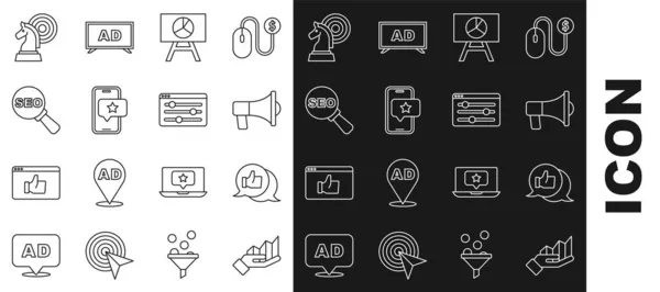 Set line Pie chart infographic, Customer product rating, Megaphone, Board with, Mobile review, SEO optimalisatie, Schaken en Browser instelling pictogram. Vector — Stockvector