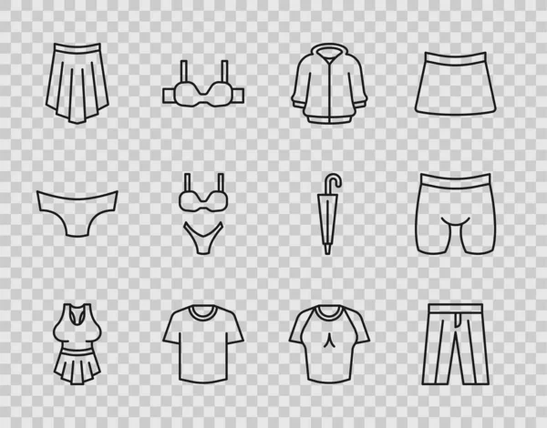 Set linea maglietta, pantaloni, felpa con cappuccio, T-shirt, gonna, costume da bagno, e icona pantaloncini da ciclismo. Vettore — Vettoriale Stock