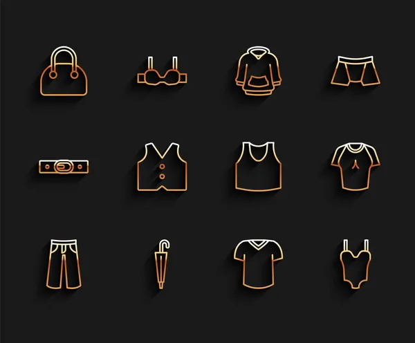 Set line Pantalones, Paraguas, Bolso de mano, Camiseta, Traje de baño, Chaleco e Icono de la camiseta. Vector — Vector de stock