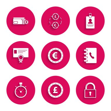 Avro sembolü, sterlin, kilit, adres defteri, Kronometre, sertifika şablonu, kimlik kartı ve Envelope madeni para dolar ikonu ile bozuk para ayarlayın. Vektör