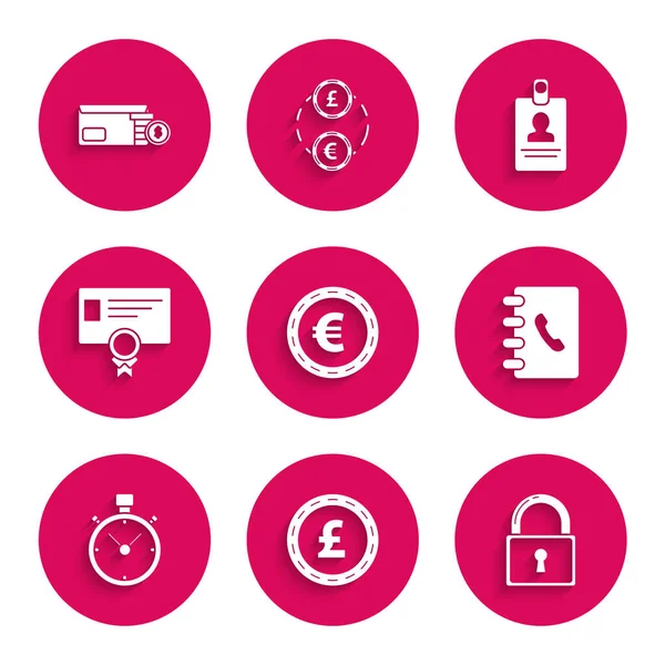 Avro sembolü, sterlin, kilit, adres defteri, Kronometre, sertifika şablonu, kimlik kartı ve Envelope madeni para dolar ikonu ile bozuk para ayarlayın. Vektör