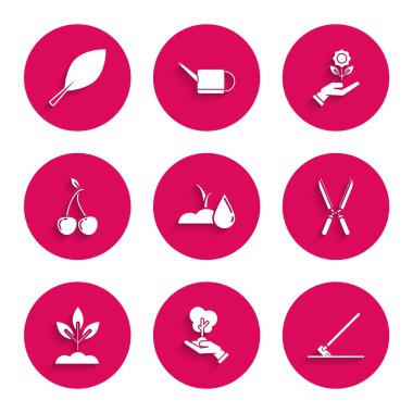 Sulama tohumu, çevre korumasının ağaç eli, bahçe tırmığı işi, budamak için el yapımı makas, bitki, kiraz, çiçek ve yaprak ikonu. Vektör