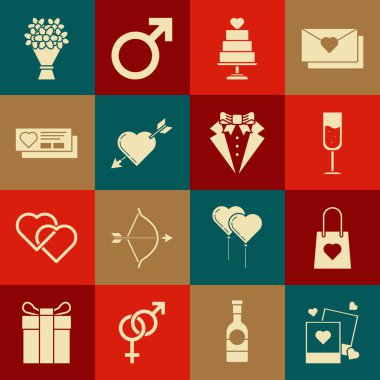 İki boş fotoğraf çerçevesi ve kalp, bir bardak şampanya, düğün pastası, Amour sembolü oku, Bilet, buket çiçekleri ve takım elbise ikonu. Vektör