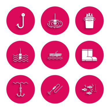 Kürekli balıkçı teknesini suya bırak, olta at ve yüzdür, balık, bot, kova balığı ve ikonun altına. Vektör