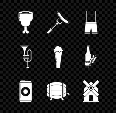 Tavuk budu sosisini çatala koyun Lederhosen Bira fıçı rafı durdurucu rüzgar gülü müzik aleti trompeti ve bir bardak bira ikonu ile. Vektör.