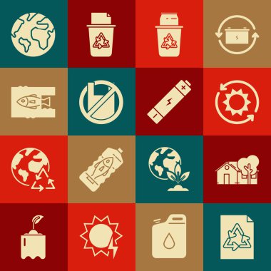 Kağıt geri dönüşümlü, çevre dostu ev, güneş enerjisi paneli, geri dönüşüm kutusu sembolü ve plastik torba posterine hayır diyebilirsiniz, okyanus kirliliğini durdurun, dünya küresi ve pil ikonuna son verin. Vektör