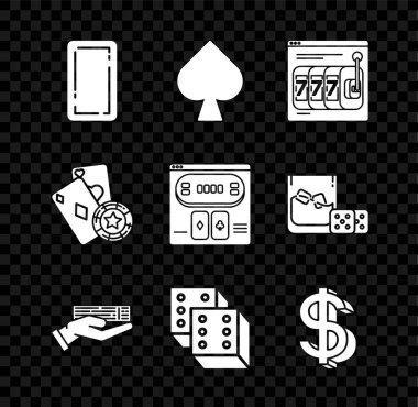 Maça sembolü, çevrimiçi kumar makinesi şanslı yedili ikramiyesi, kart destesi, oyun zarları, dolar, kumarhane çipi ve poker masası ikonu ile oyun kartını geri ayarla. Vektör