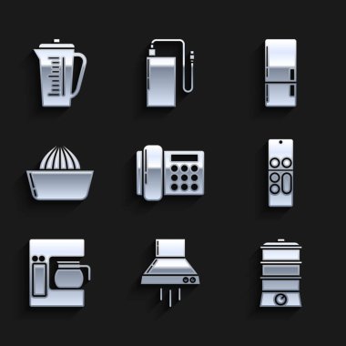 Telefon Mutfağı sökücü fanı, çift ısıtıcılı uzaktan kumandalı kahve makinesini, cam çaydanlık, meyve suyu soğutucusu ve ölçü kabı ikonu ile ayarla. Vektör.