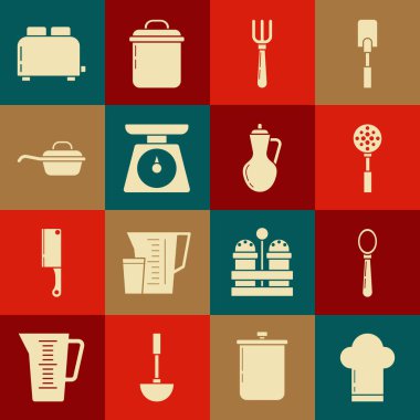 Şef şapkası, Spoon, Spatula, çatal, pul, kızartma tavası, tost makinası ve bir şişe zeytinyağı ikonu hazırla. Vektör