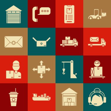 Temas halindeki destek operatörünü ayarla, karton kutu, posta kamyonu, cep telefonu uygulama dağıtım takibi, karton trafik sembolü, Zarf, Kapalı depo ve Dağıtım kutuları simgesi ile ölçekle. Vektör