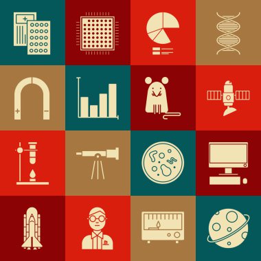 Gezegen, klavye ve fare ile bilgisayar monitörü, uydu, turta grafiği bilgisi, mıknatıs, haplar, su toplaması ve fare simgesi ayarla. Vektör