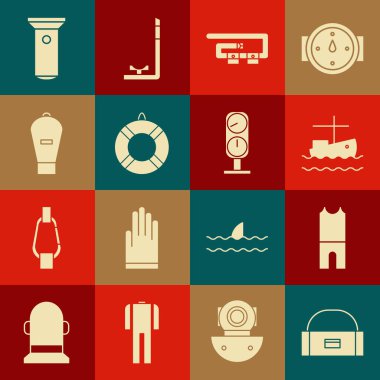 Sallanan çanta, dalgıç kıyafeti, balıkçı teknesi suyu, dalış kemeri, Lifebuoy, kaldırma çantası, el feneri ve ölçü simgesi için kutu kutusu ayarlayın. Vektör