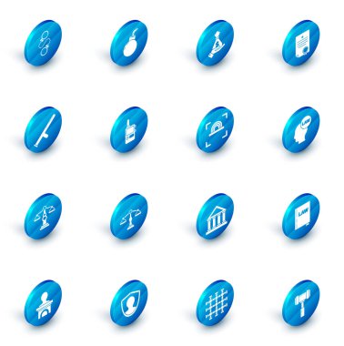 Bombayı patlamaya hazır hale getirin, el çantası, sertifika şablonu, polis kauçuk copu, adalet terazisi, telsiz telsizi, kanunla kafa ve parmak izi ikonu. Vektör