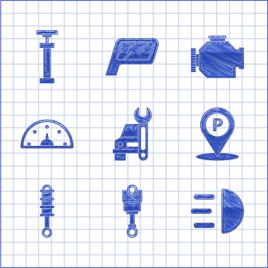 Otomobil servisi piston yüksek ışın konumunu park şok emici hız göstergesi kontrol motoru ve simgesi ile ayarla. Vektör.